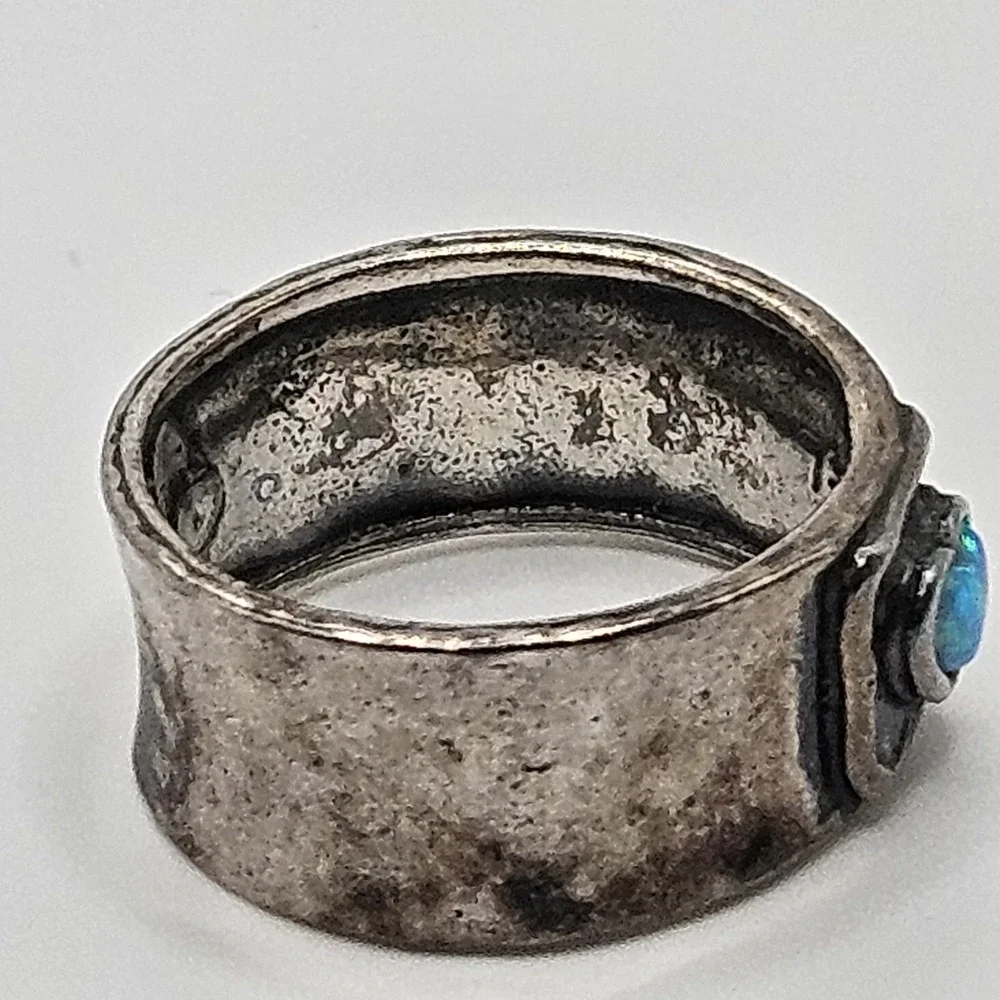Didae Israel Sterling Silver Ring Blue Opal Heart Wide Band Size 7.75